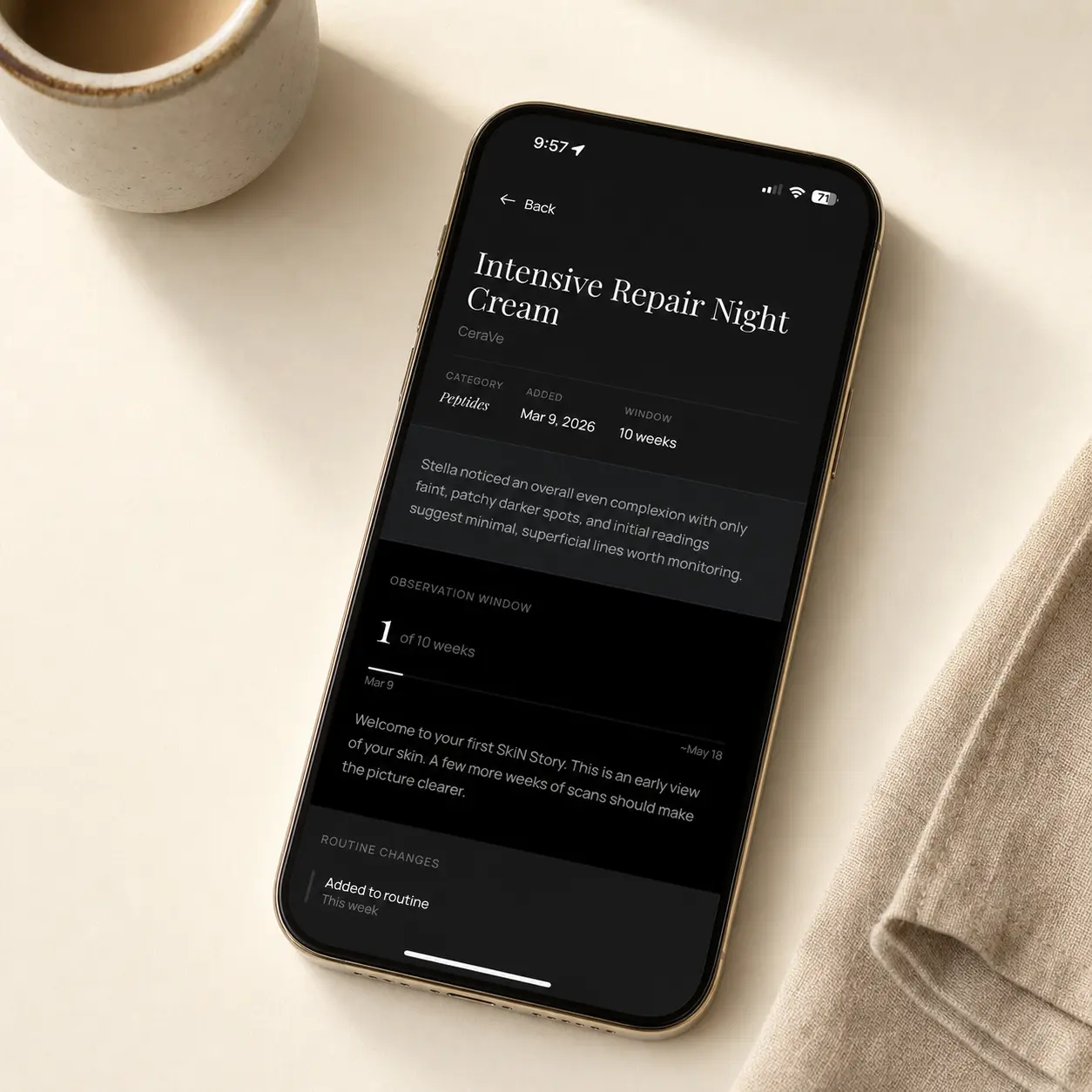 Stella app showing an ingredient tracking and skin story screen on a phone