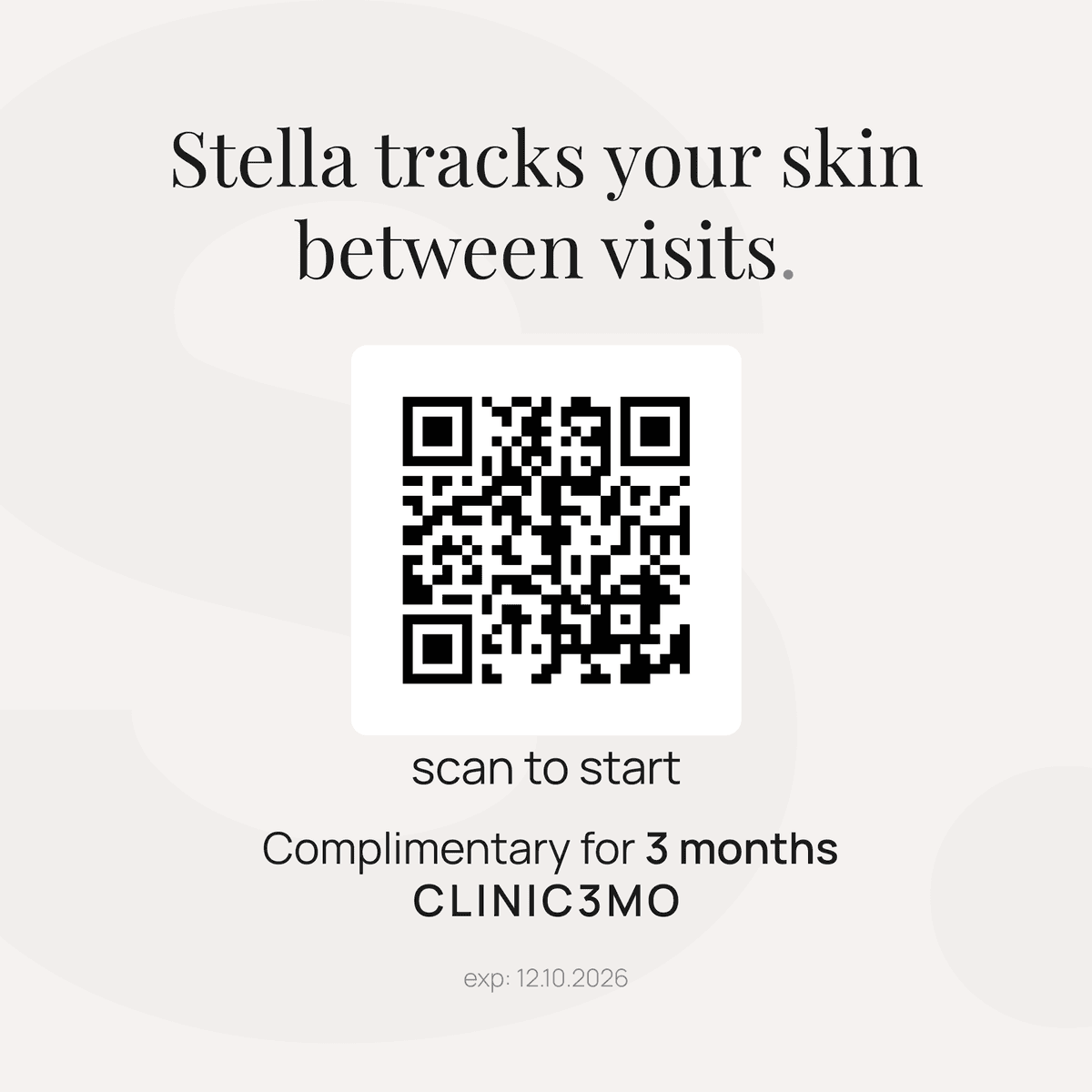Stella clinic gift card: 'Stella tracks your skin between visits' with the three-months-free code and a QR to get started