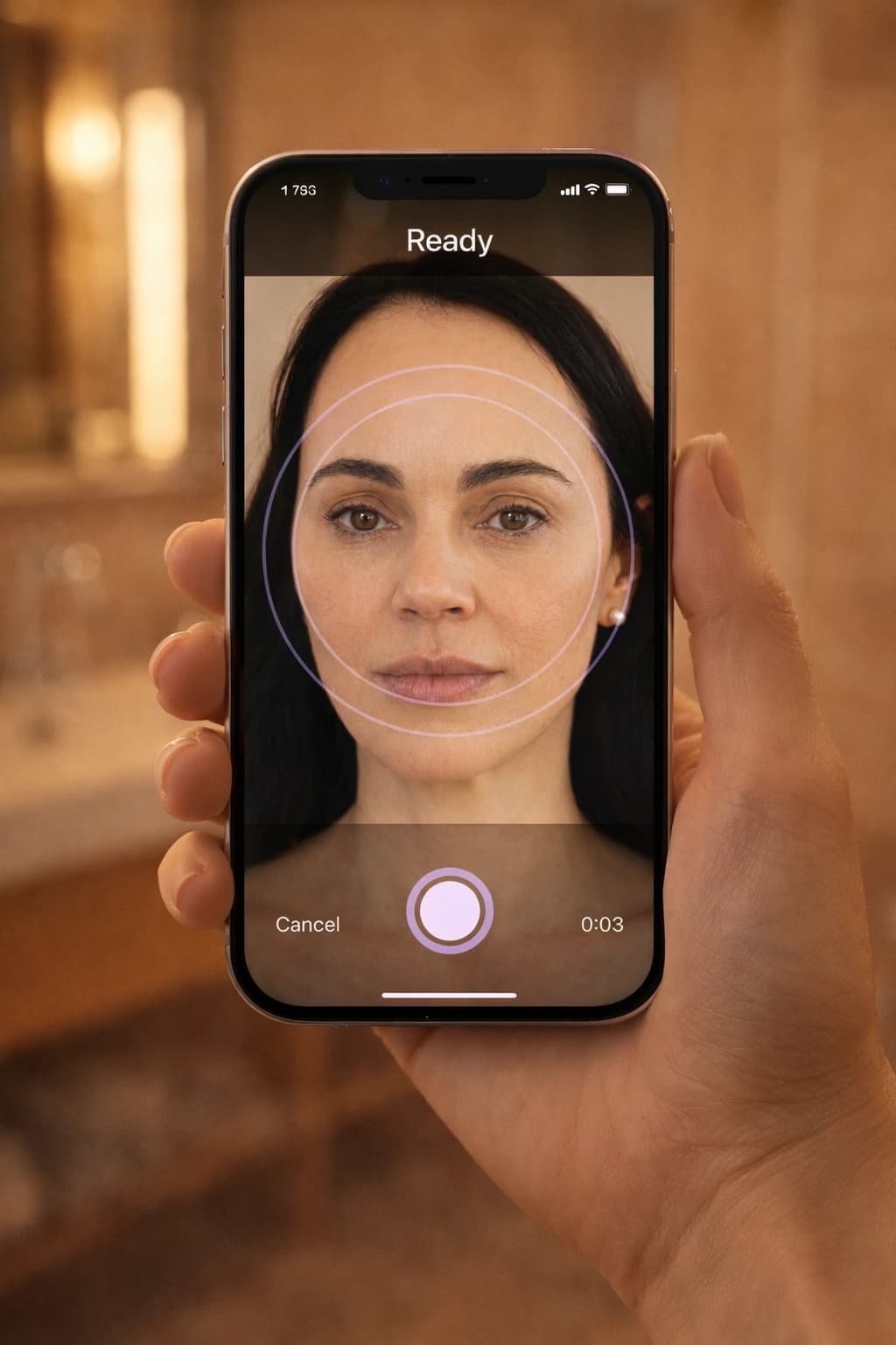 Hand holding iPhone showing Stella skin scanning app in use