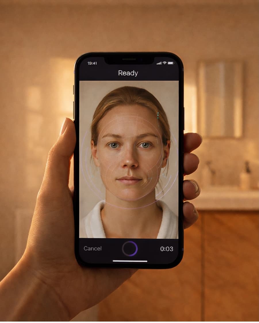 Hand holding iPhone showing Stella skin scanning app in use