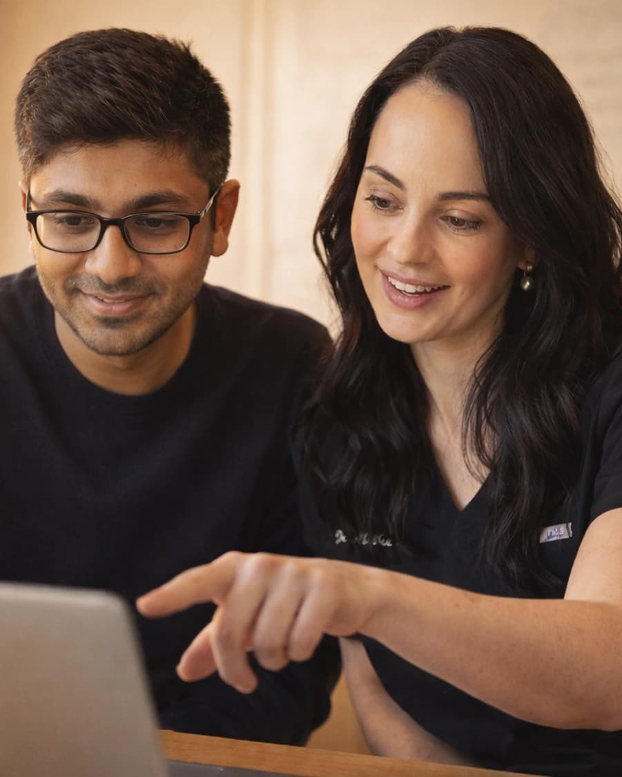 Stella cofounders Dr Alice Rudd and Rishabh Rastogi working at a laptop