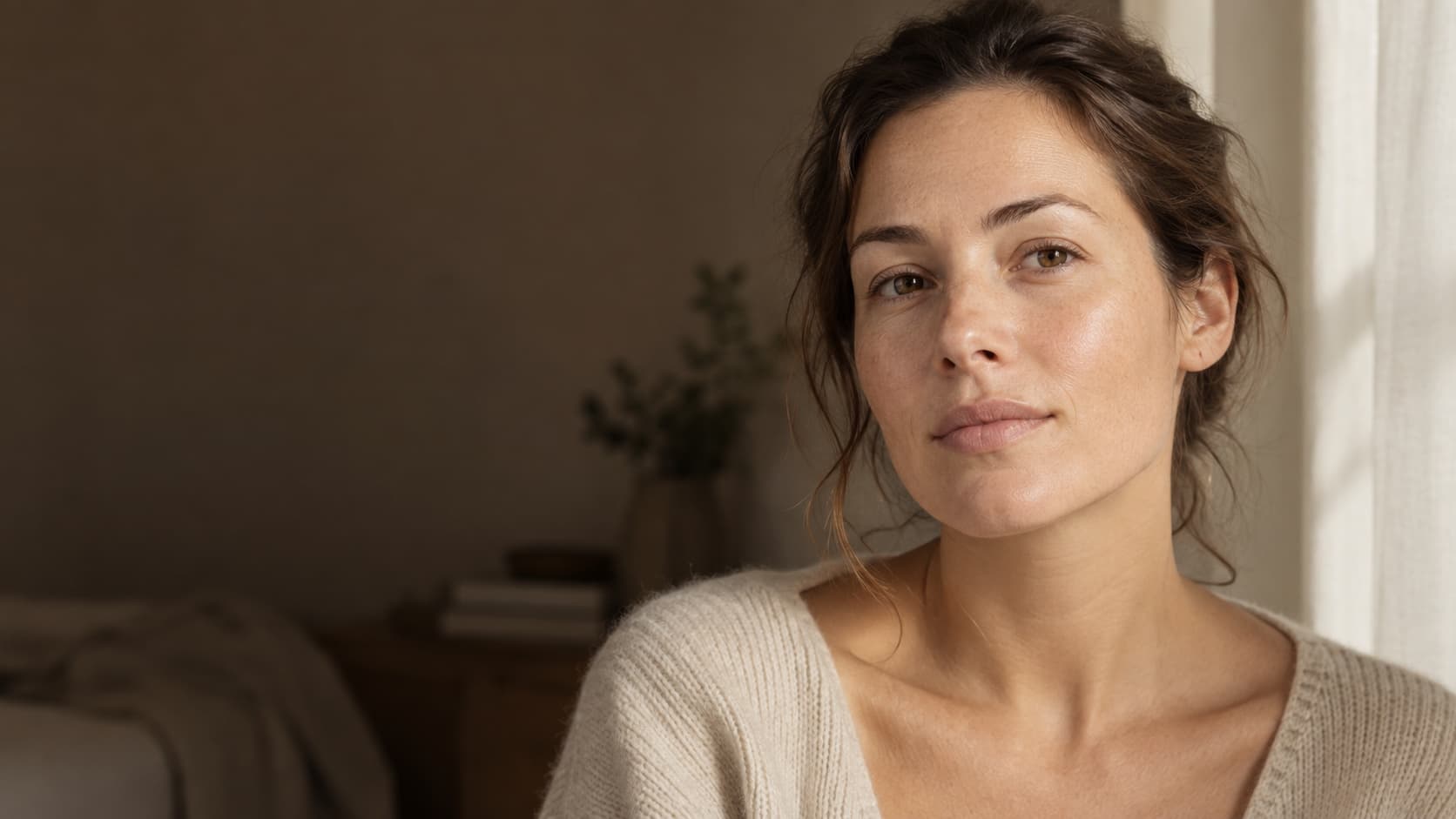 Woman in warm daylight with natural skin texture