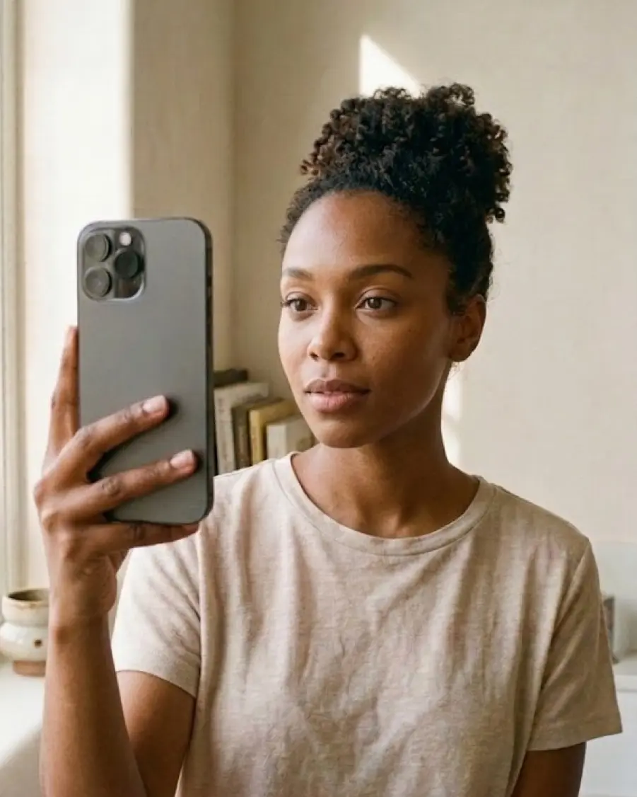 Woman holding phone up to scan her skin with Stella