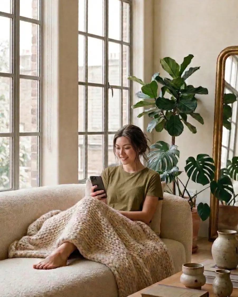 Woman relaxed on sofa checking her weekly Stella skin report on her phone