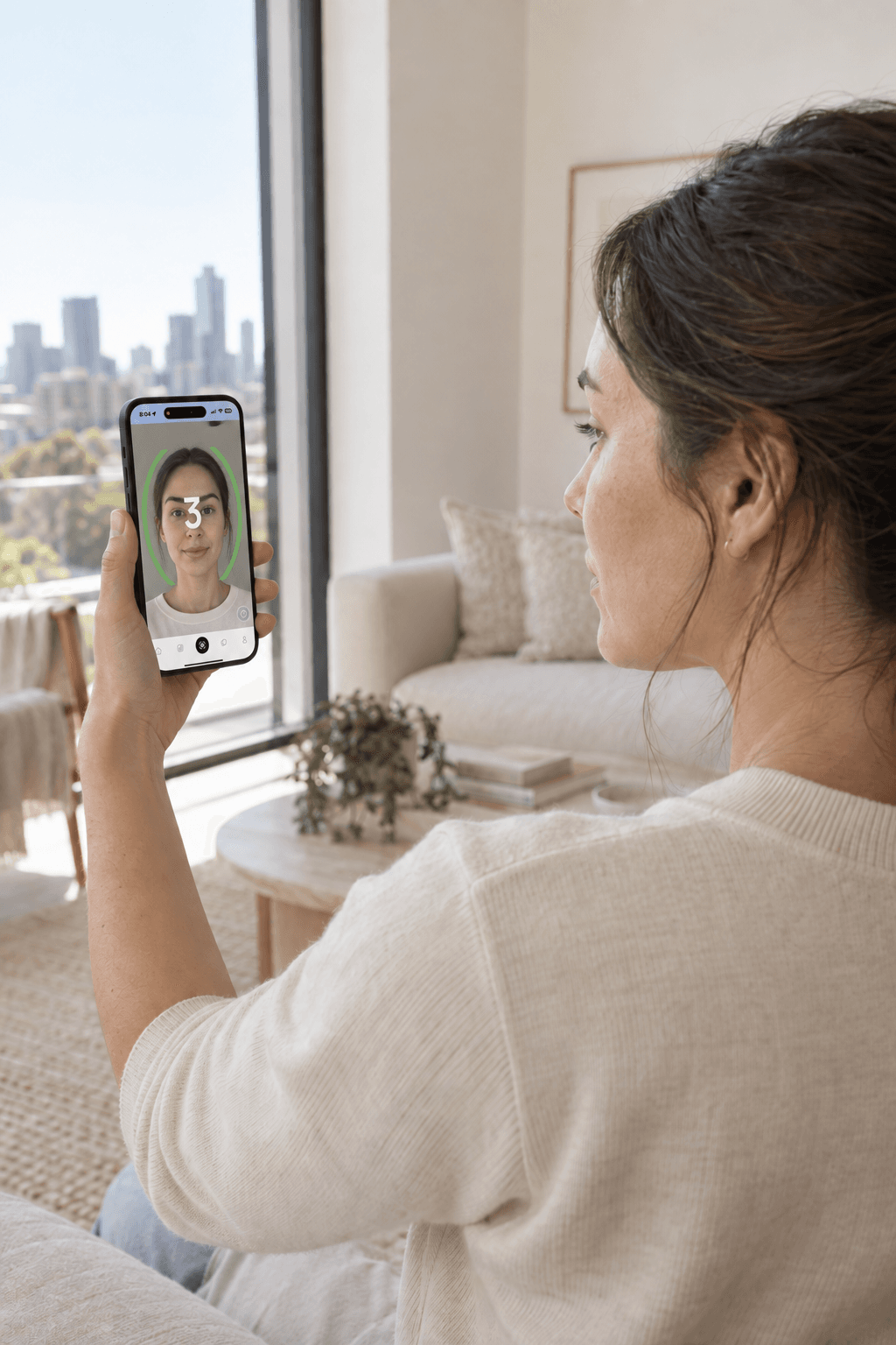 A woman using Stella to take a guided face scan beside a window at home
