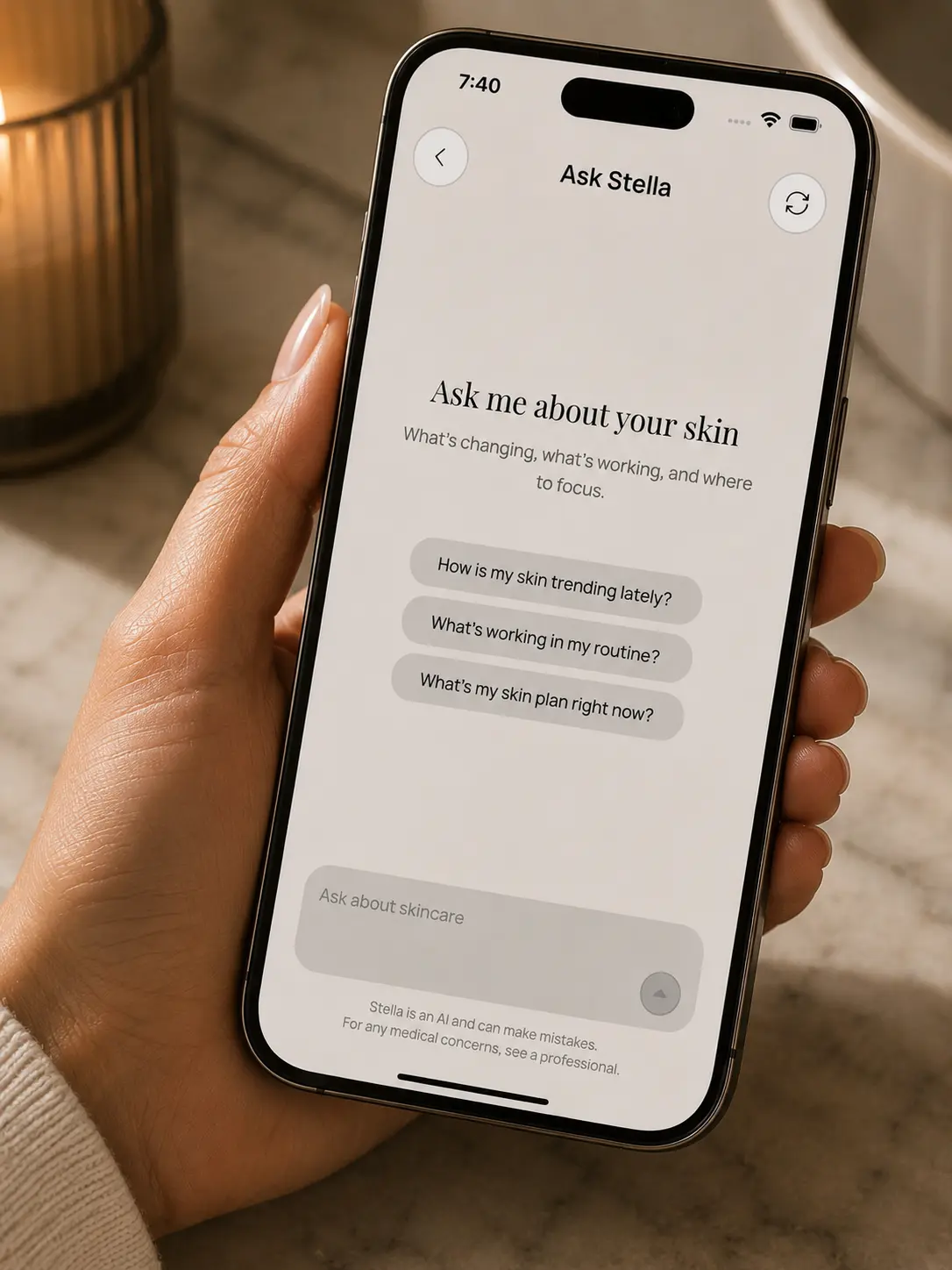 The Ask Stella screen in the app, ready to answer questions about your skin