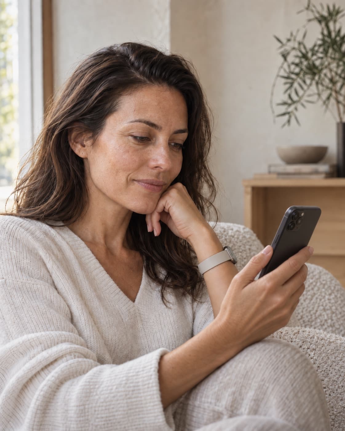 A woman reviewing her skin record on her phone at home