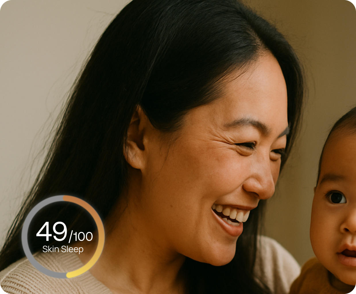 A woman smiling while holding a baby, with a Stella app overlay showing '49/100 Sleep' indicating a skin assessment related to sleep. A notification box suggests, 'Consider a peptide-rich night cream to boost skin recovery when sleep falls short,' and also mentions 'Pre-register for 6 months free'. This illustrates how Stella syncs lifestyle data to show its impact on the user's face and offers personalized recommendations.