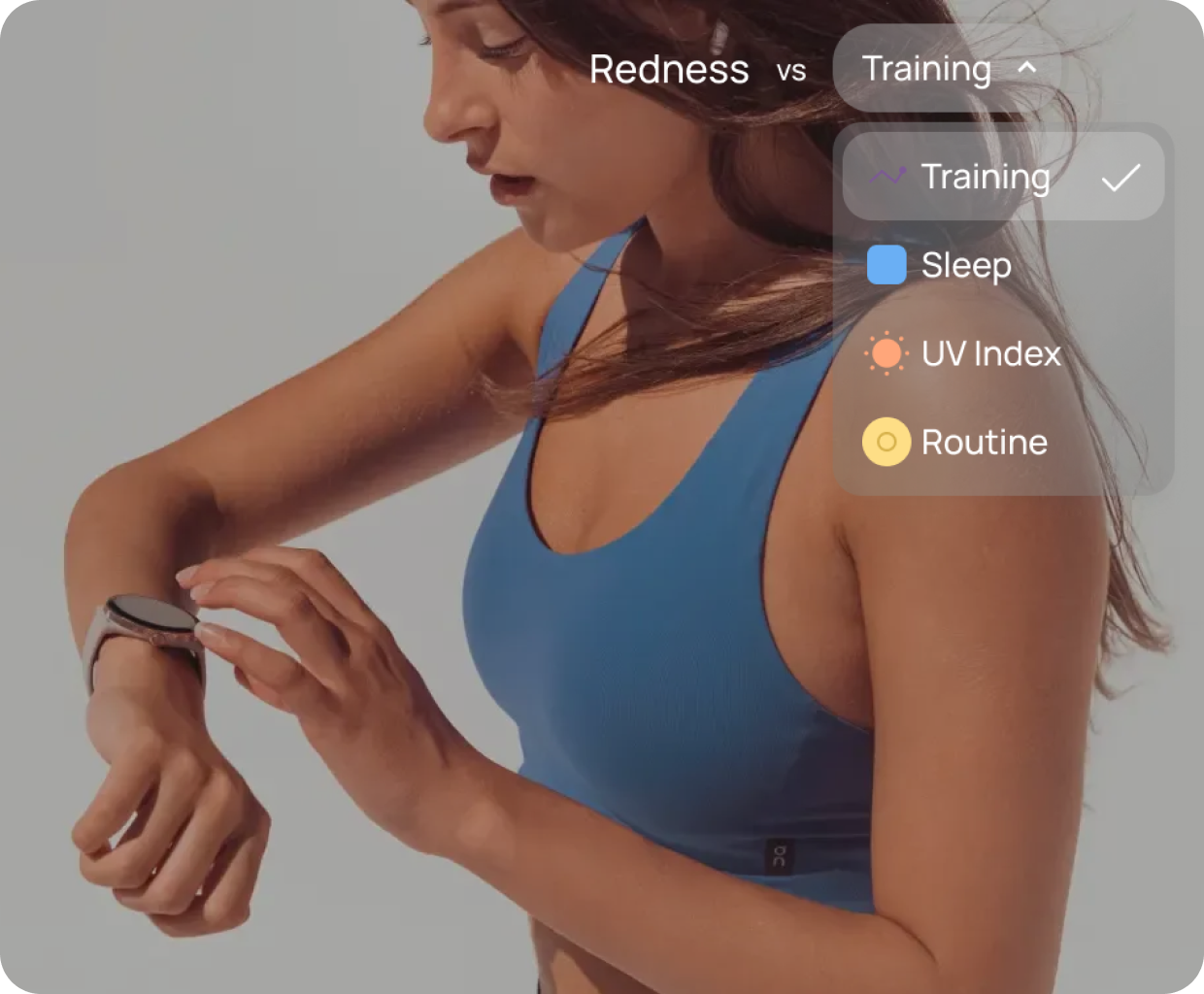 Female athlete checking her Polar smartwatch before a run, with Stella skin metrics like Sleep, UV Index, and Routine displayed.