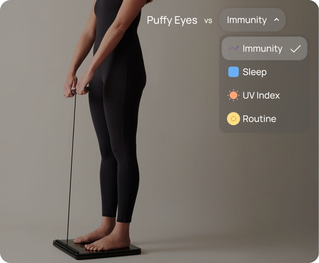 Woman in activewear standing on a smart scale, checking health data.