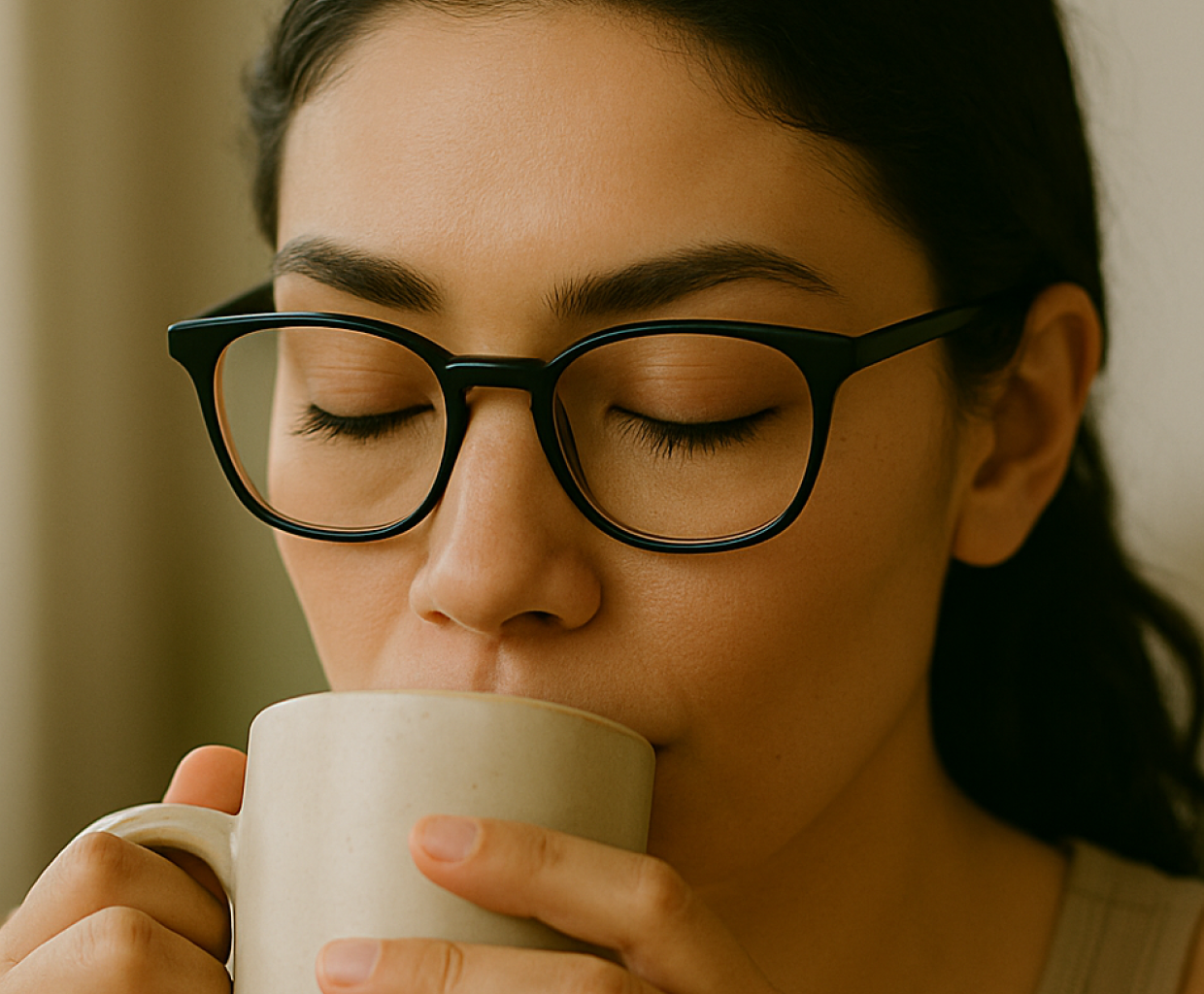 A woman drinking from a mug with a soft smile, with a Stella scan report overlay showing recent skin insights and tracking progress.