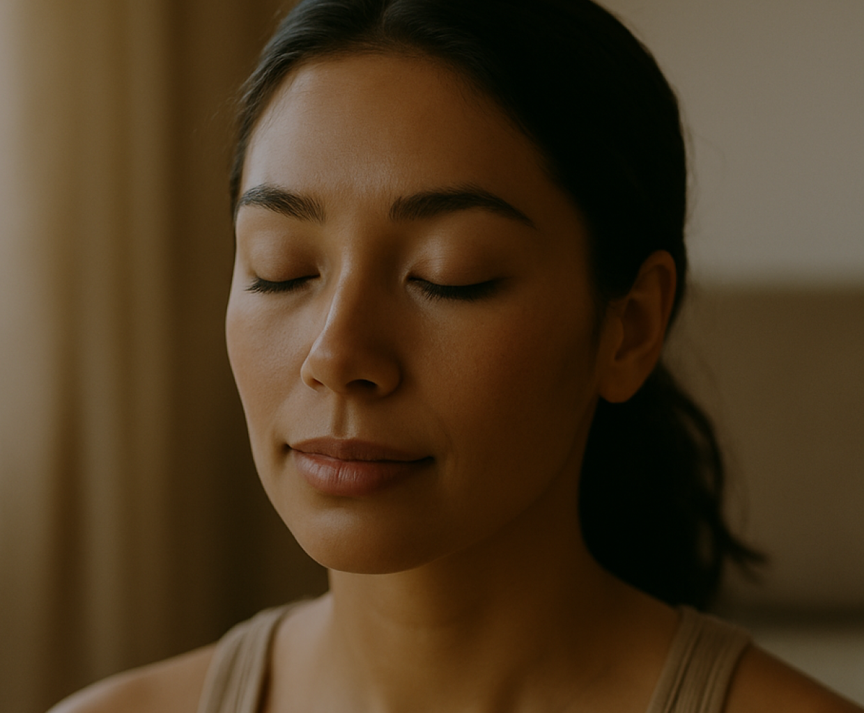A young woman sits peacefully in a softly lit indoor space, eyes closed in meditation. The image evokes calm breathing, aligning with the respiration health score.