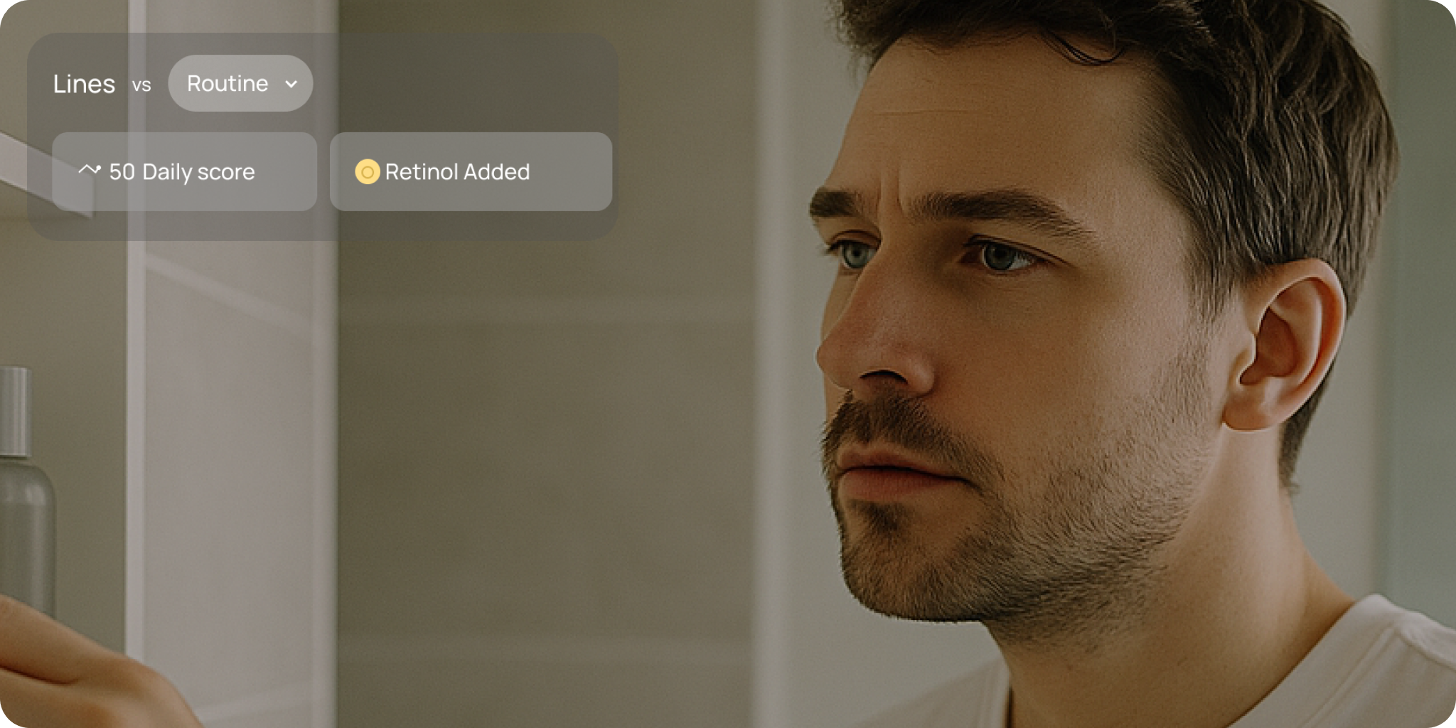 A man looking at skincare products, with the Stella app interface overlaid showing 'Lines vs Routine' analysis, a '50 Daily score', and 'Retinol Added' status. Three cards below advise: 'Don't overload your skin', 'Breakouts Spiking?', and 'Low-Impact Products'. This image illustrates how Stella matches products to skin and uses real-world results to refine recommendations, helping users build and optimize their skincare routines.