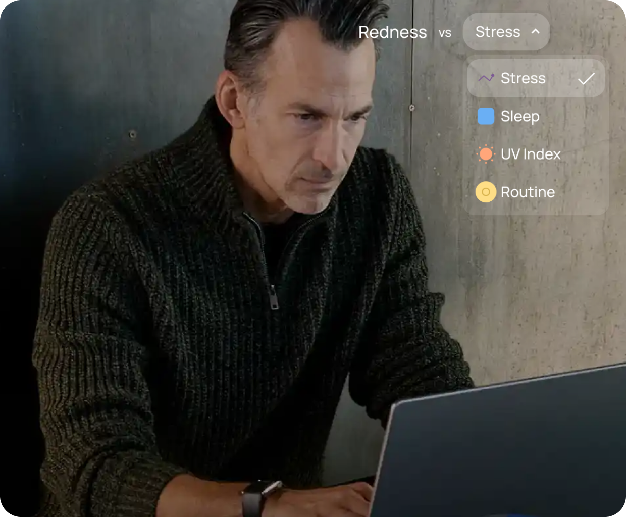 A man reviewing fitness data on a laptop, highlighting the integration of WHOOP insights with Stella’s skin metrics.