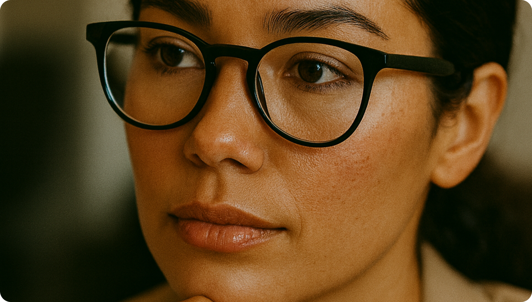 A close-up of a woman with glasses and visible skin texture, overlaid with a 