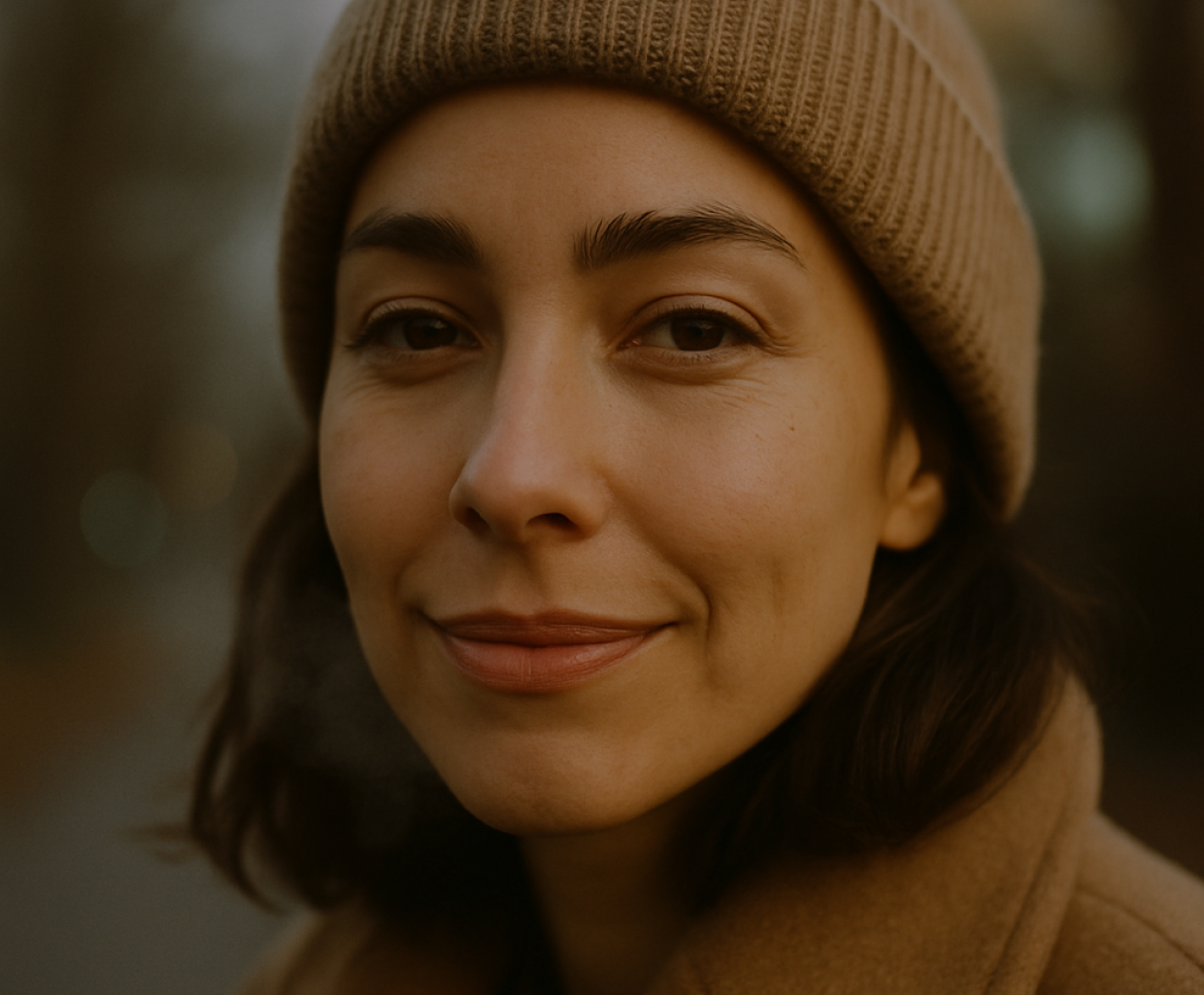 A woman outdoors wearing a beanie, representing immune-related skin health tracking, with an overlay showing Skin Immunity Score at 49%.