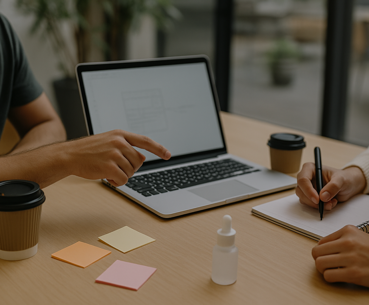Person working on laptop with skincare product and sticky notes – representing Stella's brand and tech partnerships.