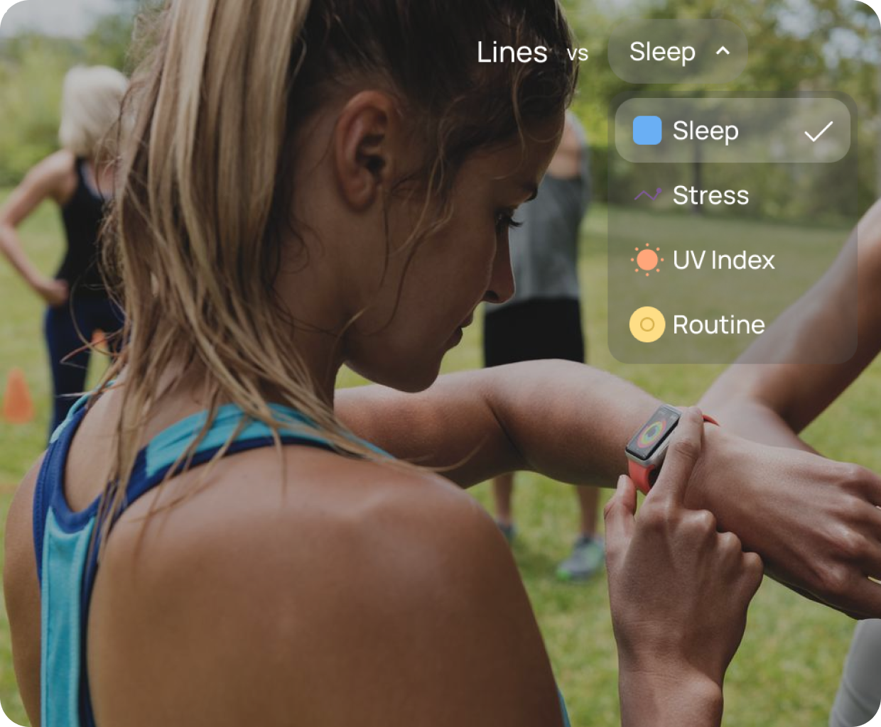 A woman looks at her Apple Watch during a workout. A Stella overlay highlights insights from UV index and stress synced via Apple Health.