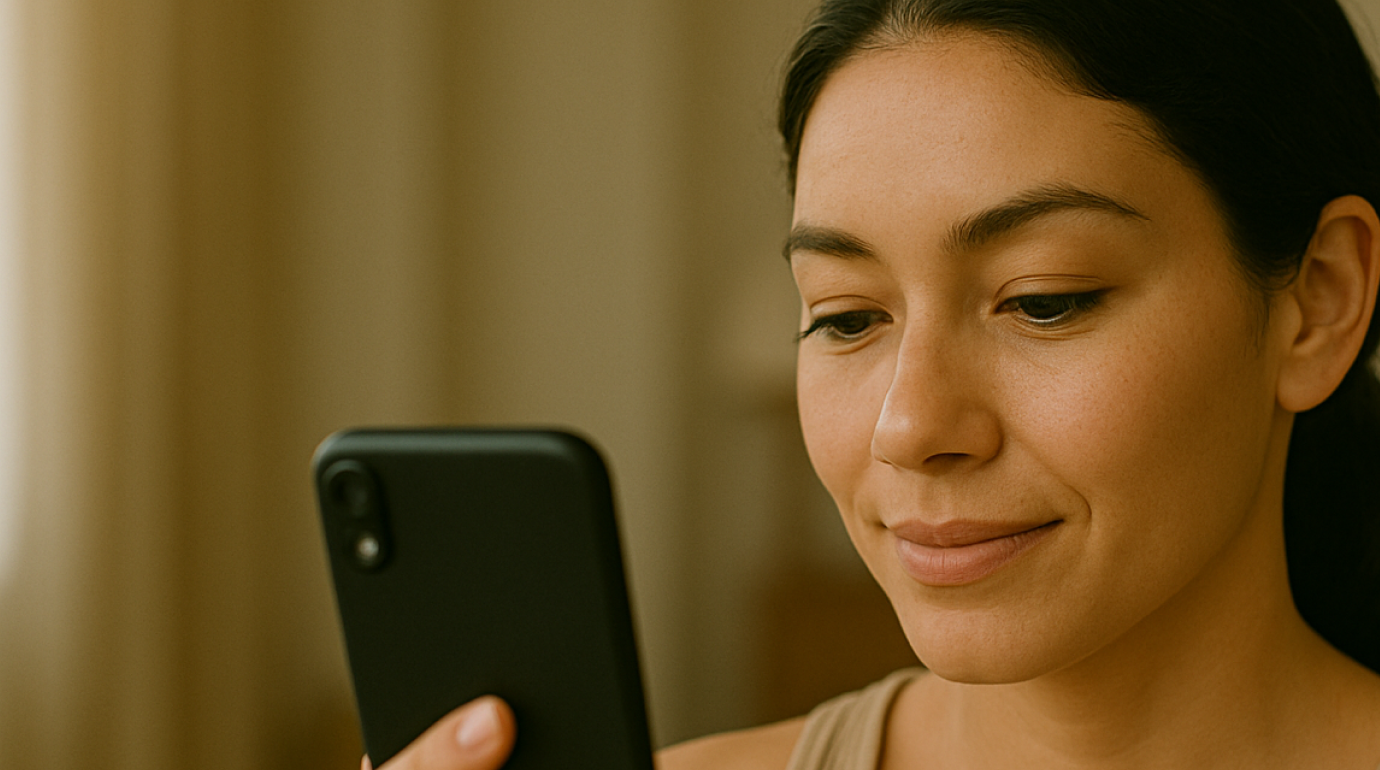 A woman using a smartphone to scan her face for skin analysis in natural light, representing Stella's skin tracking technology.