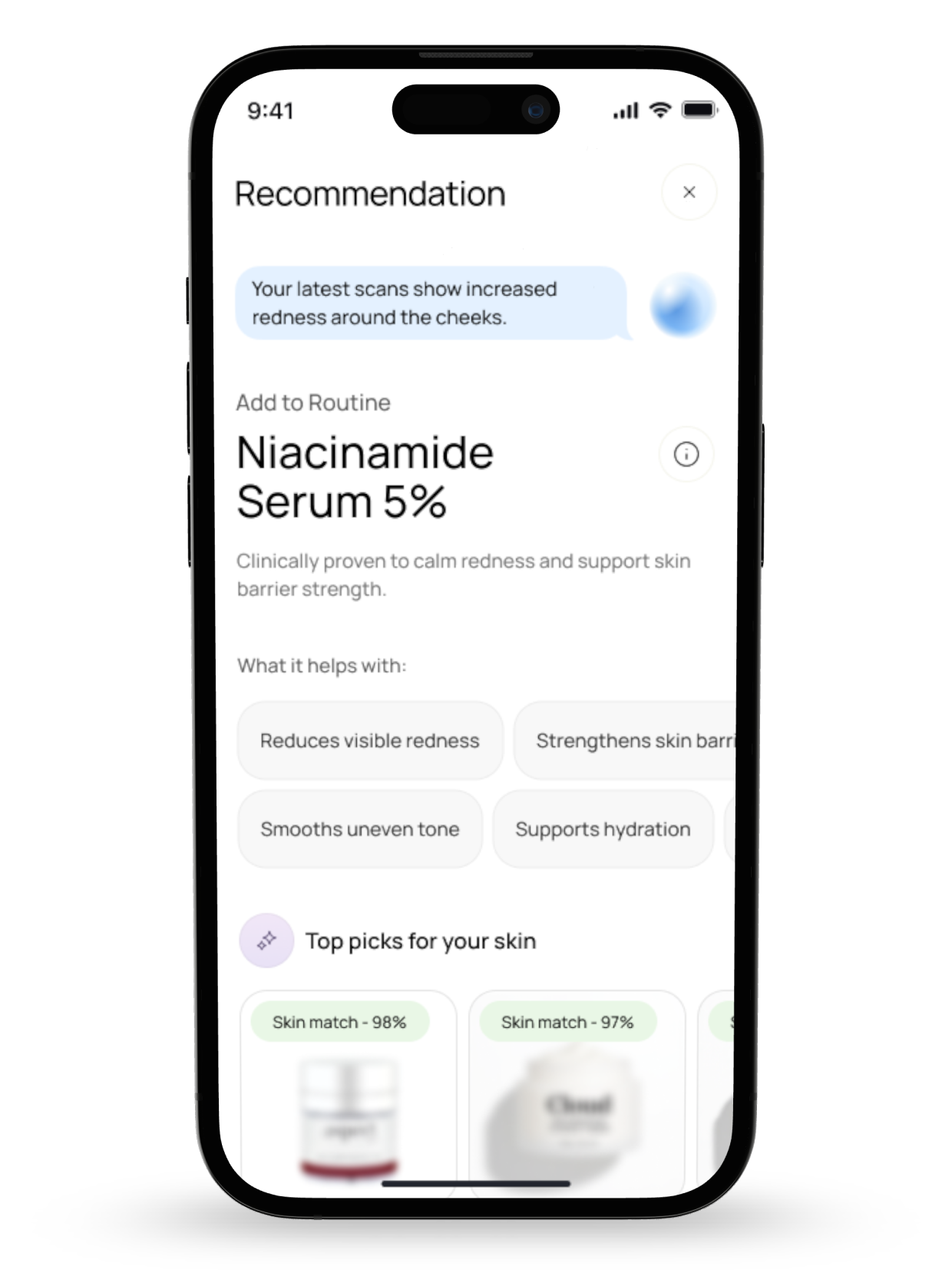 Stella app recommending Niacinamide Serum 5% with details of skin benefits based on scan results.
