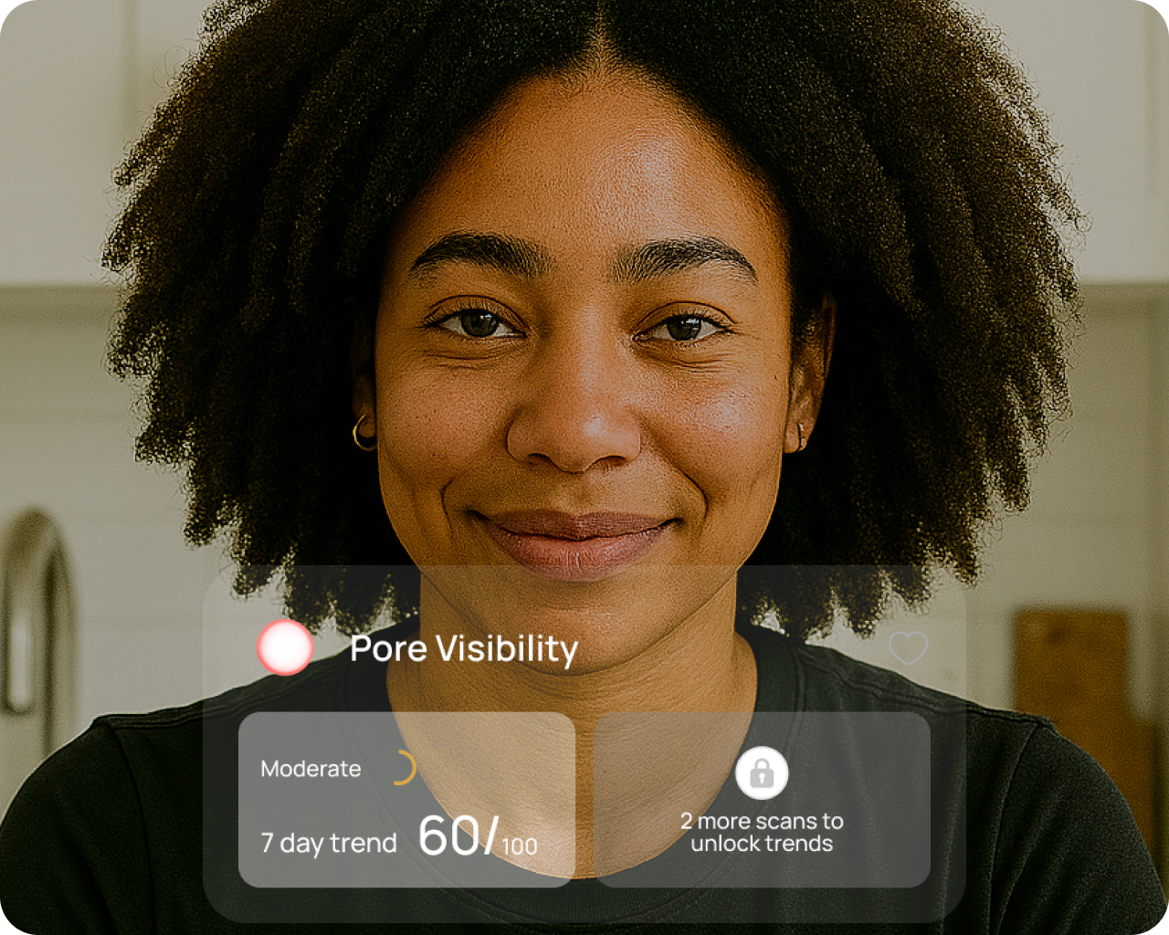 A smiling woman with curly hair, with the Stella app interface displaying a 'Pore Visibility' card showing 'Moderate' and a '60/100' score based on a 7-day trend. The card also indicates '2 more scans to unlock trends'. This image highlights how Stella reveals early shifts in pores, eye area, and dark circles as patterns appear after initial scans, connecting to how sleep, stress, and daily habits affect skin.
