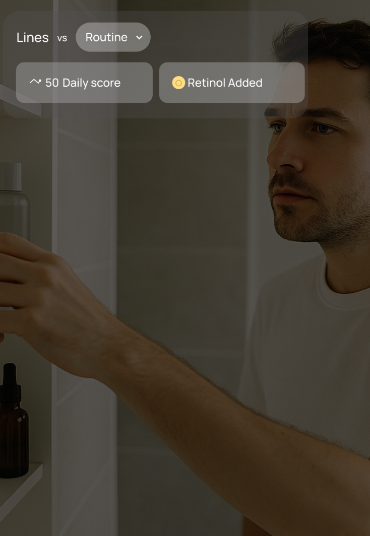 A man looking at skincare products, with the Stella app interface overlaid showing 'Lines vs Routine' analysis, a '50 Daily score', and 'Retinol Added' status. Three cards below advise: 'Don't overload your skin', 'Breakouts Spiking?', and 'Low-Impact Products'. This image illustrates how Stella matches products to skin and uses real-world results to refine recommendations, helping users build and optimize their skincare routines.