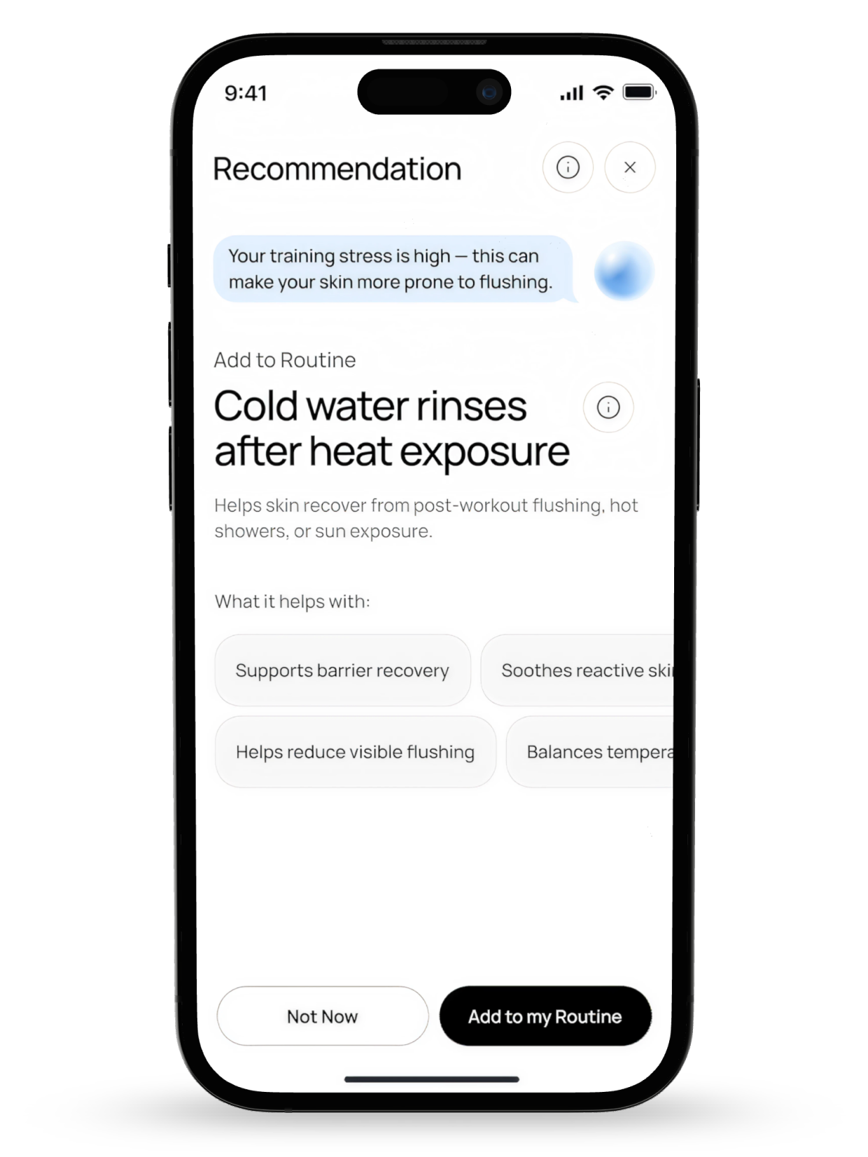 Stella app recommending Cold water rinses after head exposure with details of skin benefits based on scan results.