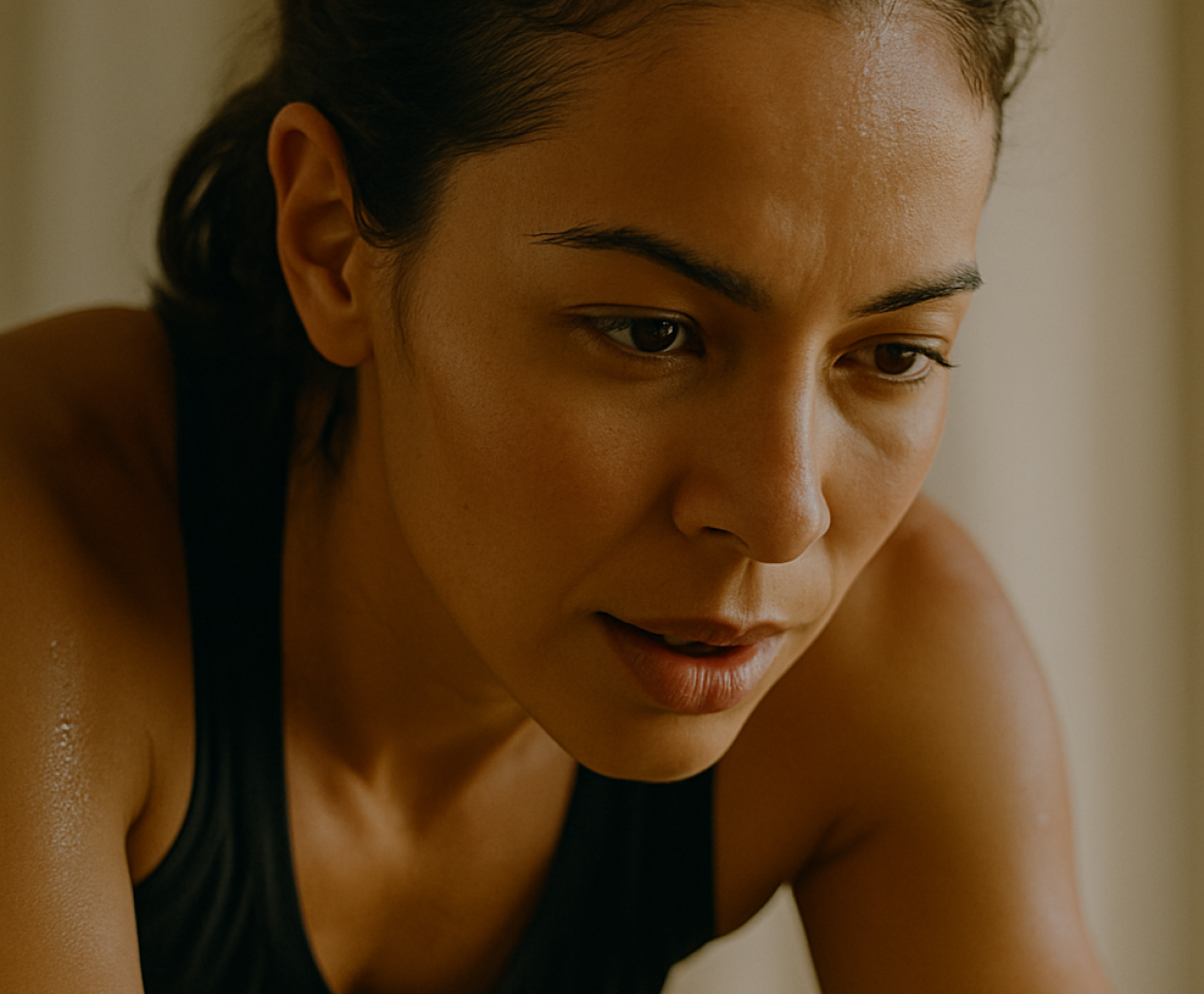 A close-up of a woman in a fitness studio on a spin bike, visibly focused and sweating. The image reflects physical exertion, matched to the training stress metric overlay.