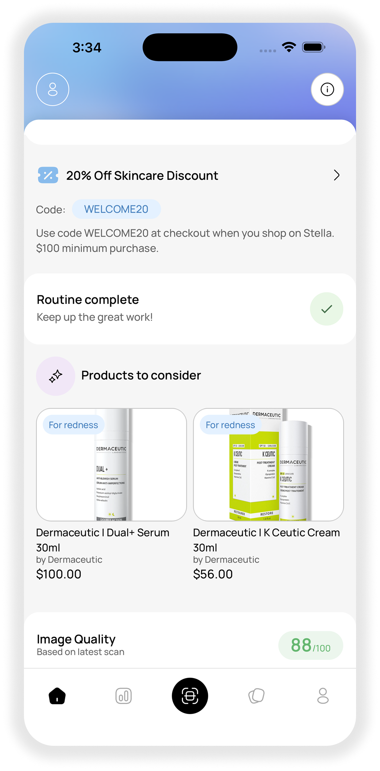 Stella app recommending Niacinamide Serum 5% with details of skin benefits based on scan results.